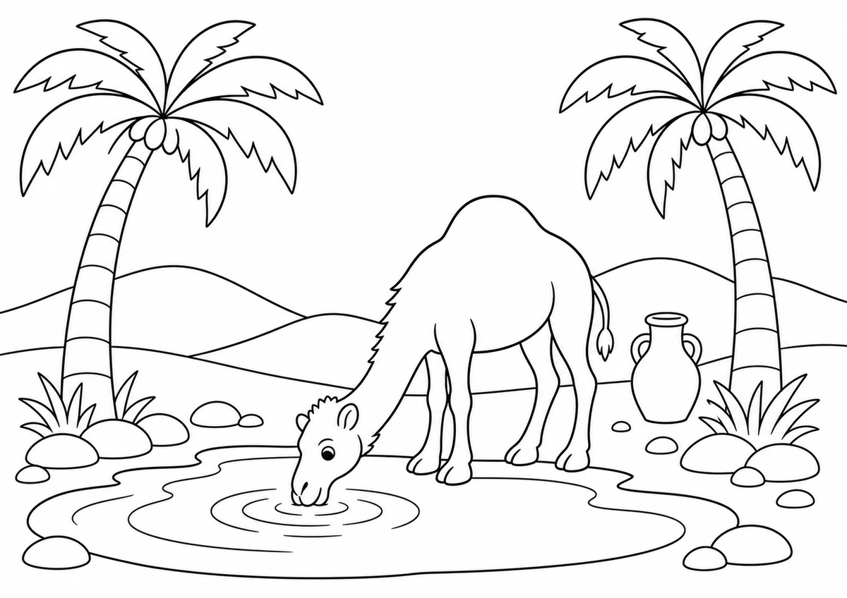 Desenho para colorir: Camelo no oásis