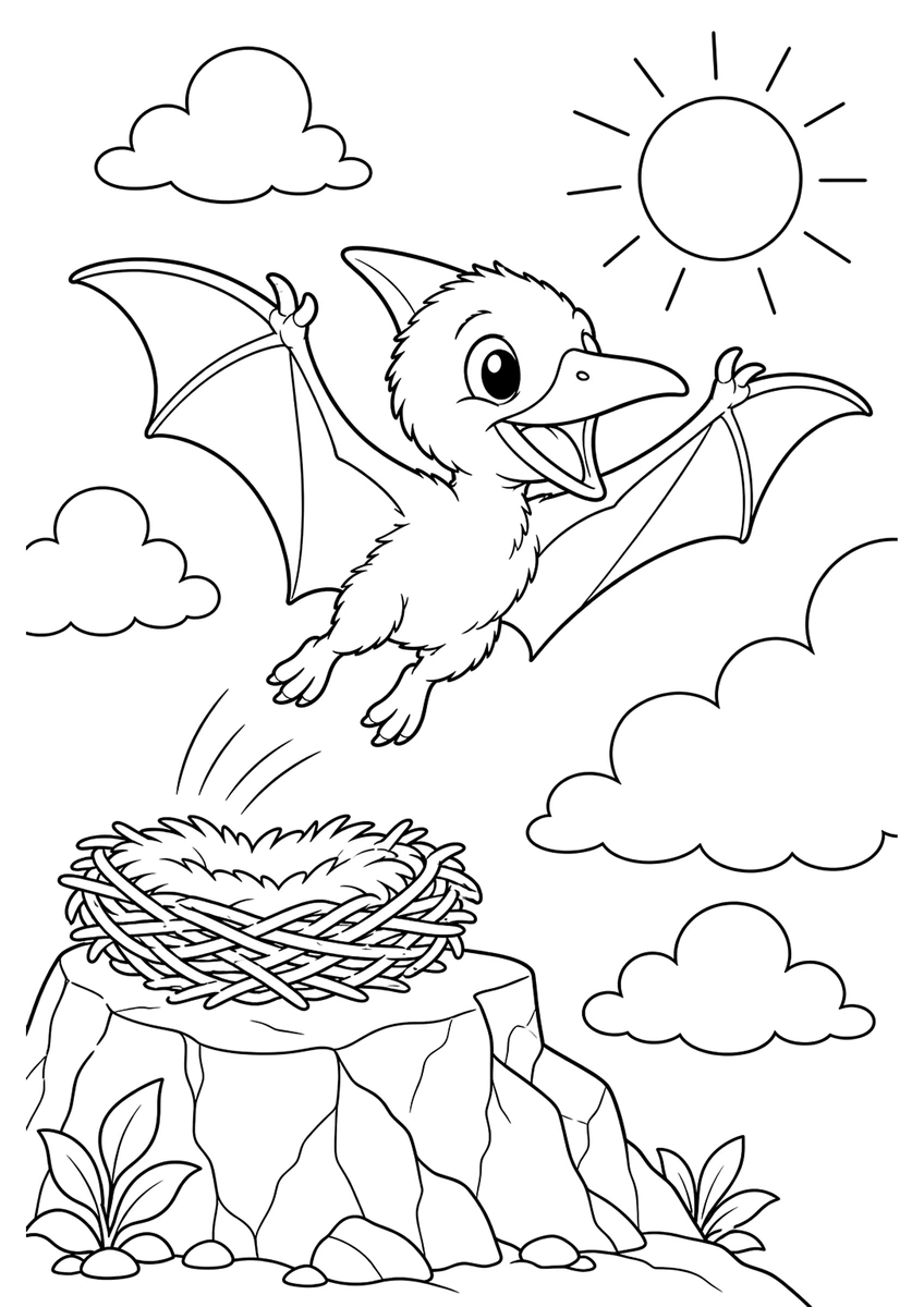 Desenho para colorir: Bebê pterossauro voando