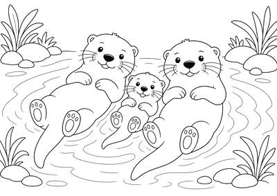 Desenho para colorir: Família de lontras