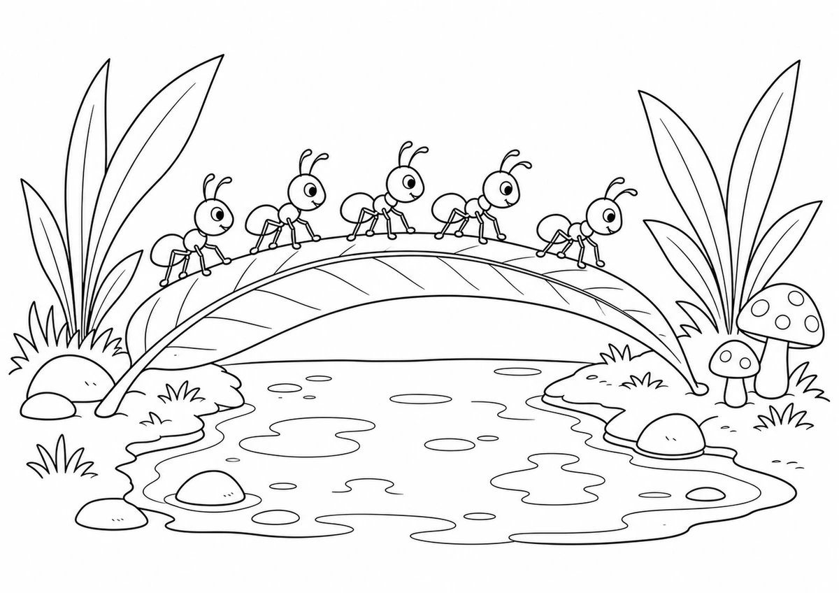Desenho para colorir: Formigas em ponte de folhas