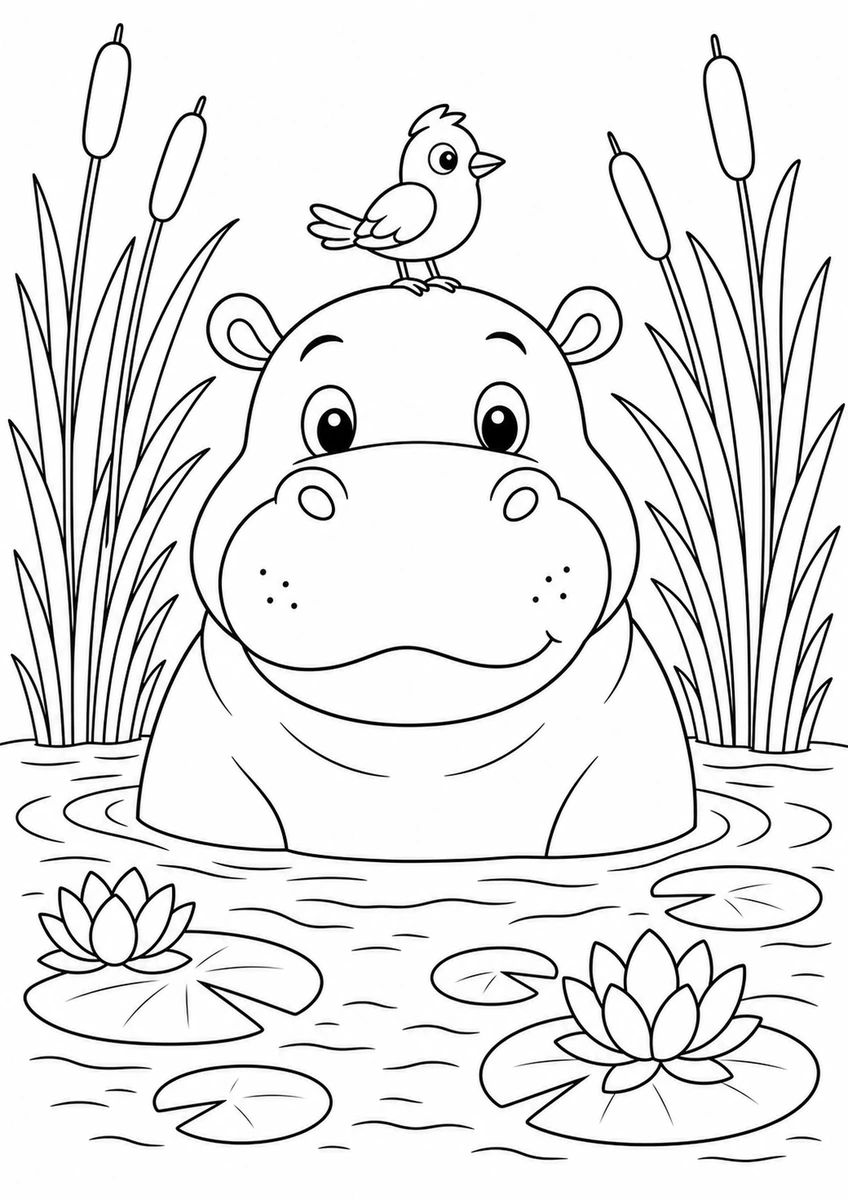 Desenho para colorir: Hipopótamo e pássaro