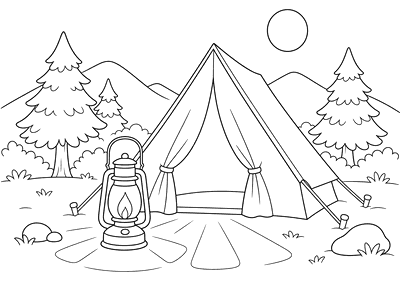 Desenho para colorir: Lanterna e tenda