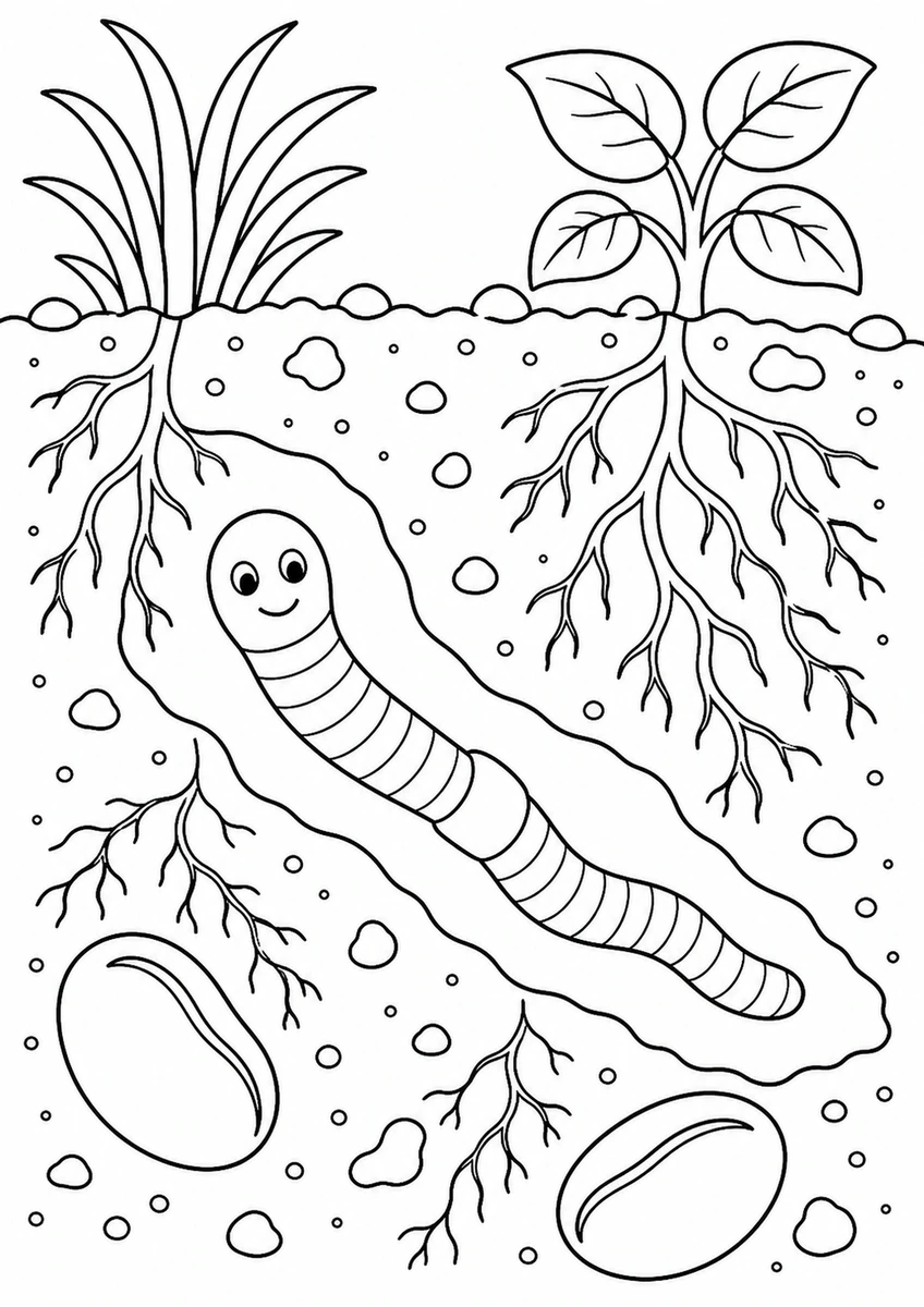 Desenho para colorir: Minhoca no solo