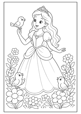 Desenho para colorir: Princesa e os passarinhos