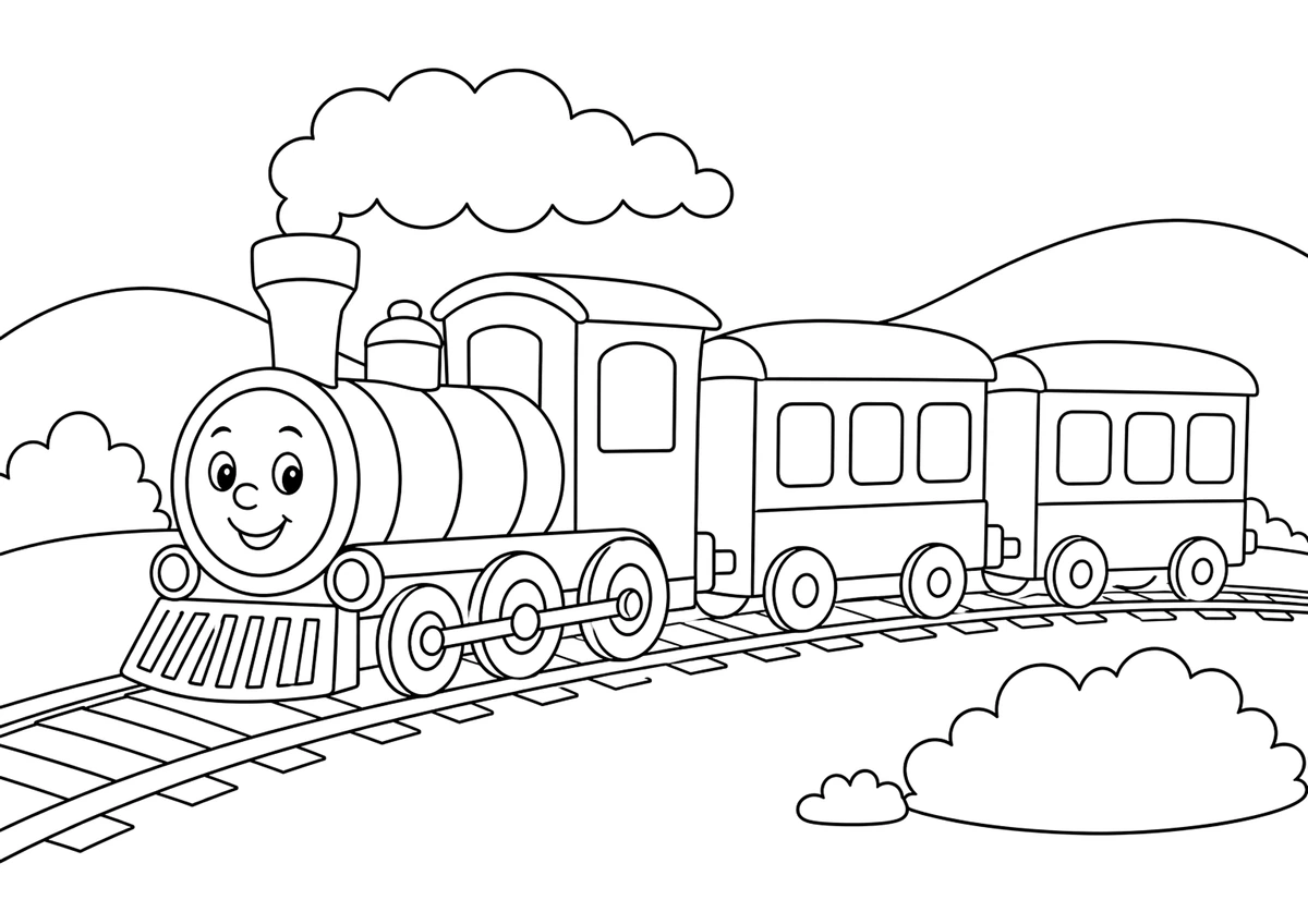 Desenho para colorir: Trem colorido na estrada de ferro