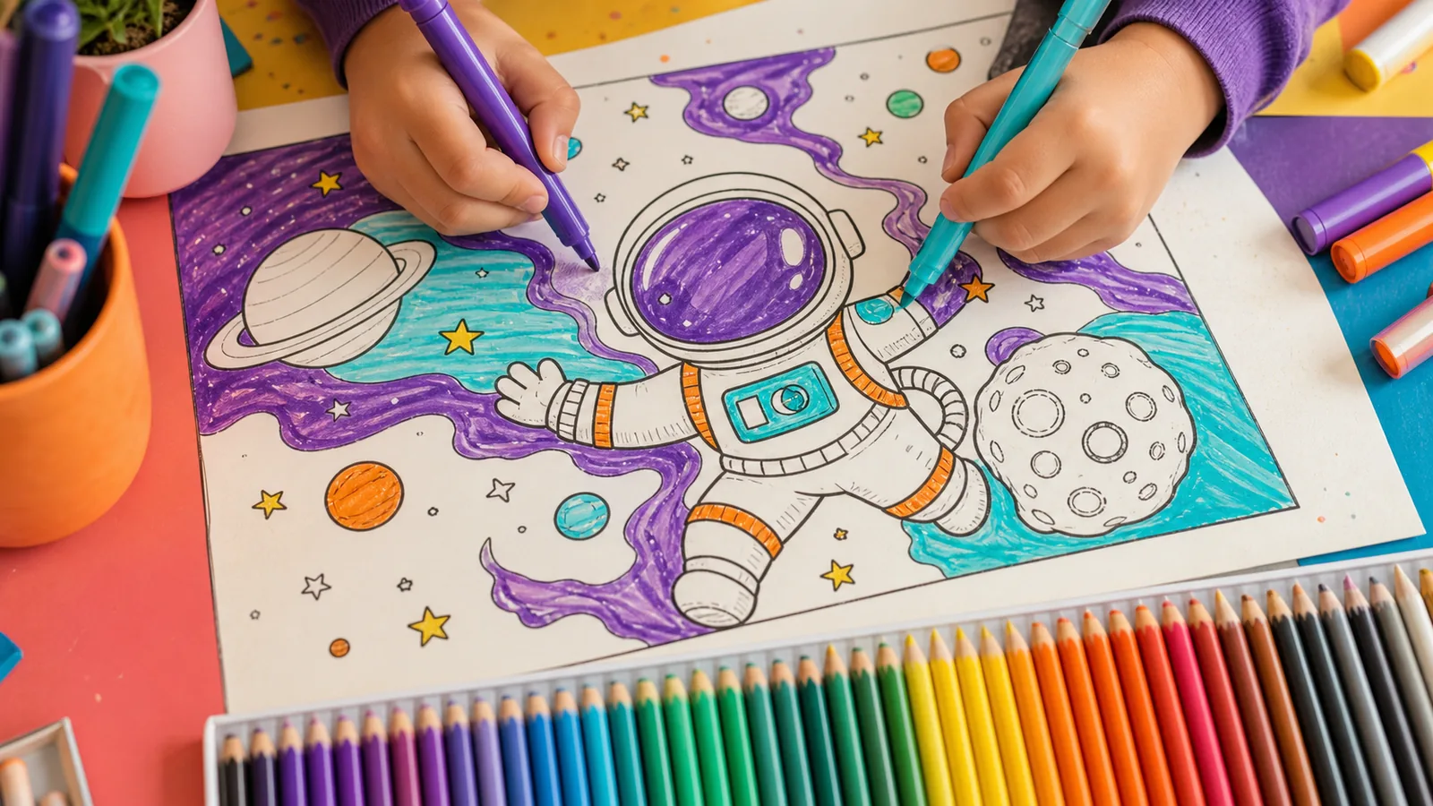 Mãos colorindo um desenho de astronauta